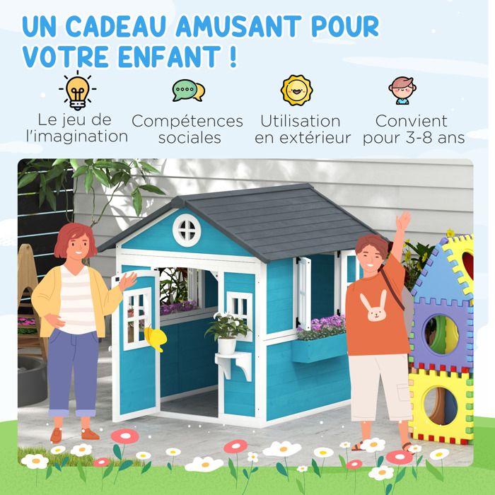 Outsunny Cabane Enfant extérieur, Maison Enfant extérieure, avec Porte, fenêtres et jardinières, cabane de Jardin pour Enfant 3-8 Ans, 114 x 126,4 x 135 cm, Bleu