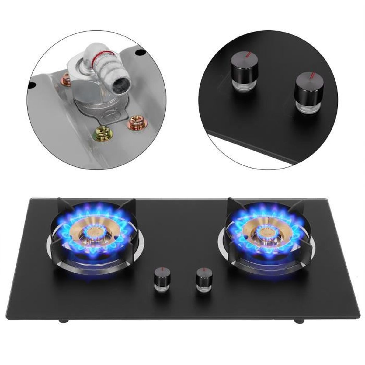 AREBOS Plaque Cuisson Gaz 2 Feux - 3000W + 1750W - Vitrocéramique - Gaz Naturel/Propane - Sécurité VEILLEUSE
