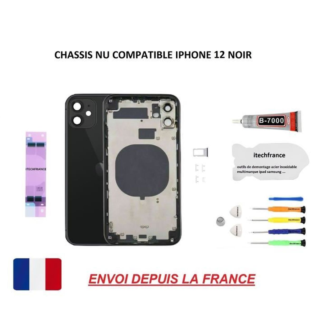 Châssis arrière NU compatible iphone 12 NOIR vitre arrière, qualité origine, kit outil, lame
