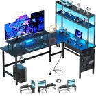 HLONONE Bureau en L de 150 cm, Bureau Gaming LED, Avec Tiroirs et Sacs de Rangement, Prises électriques et Ports USB Intégrés,Noir