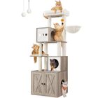 FEANDREA Arbre à Chat Moderne avec Cache-litière, Tour de Jeu, Griffoir avec Maison de Toilette, 180 cm, Grège