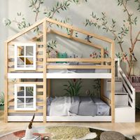 Lit cabane enfant 90 x 200 cm - avec escalier, 2 tiroirs, protection antichute - coloris naturel