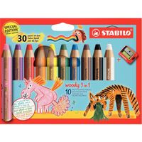 STABILO Woody 3in1 Édition 30 Ans – Coffret 6 Crayons De Couleur Licorne + Taille-Crayon, Multi-Surfaces & Aquarellable