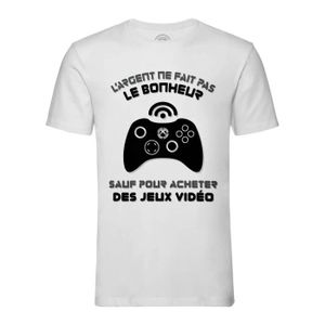 T-SHIRT T-shirt Homme Col Rond Blanc Jeux Vidéo - L'argent ne Fait Pas le Bonheur Gaming