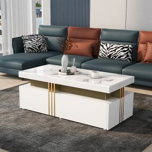 TABLE BASSE Table basse blanc rectangulaire moderne avec planche à motifs en marbre et 2 tiroirs en bois, table de salon, 100 x 50 x 40 cm