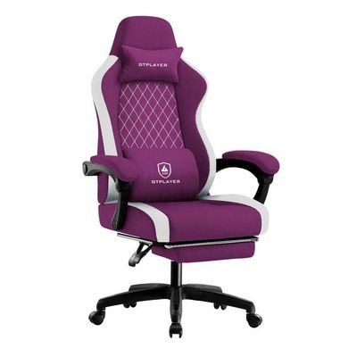 Puluomis Chaise Gaming, Chaise de Gaming, Chaise de Bureau avec Repose-Pieds, Pivotante en Hauteur, Dossier Réglable de 90 à 150 °, Appui-tête Amovible, Coussin Lombaire, Ergonomique, Gris (Blanc