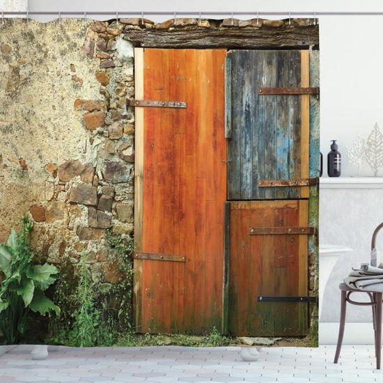 Abakuhaus volets Rideau de Douche, Porte en bois ancien français, 175 x 200 CM, vert orange