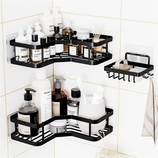 HXUING 2 Pièces Etagère De Douche Sans Perçage, Étagère Salle De Bain Noir, Étagère Douche Sans Percage Avec Crochets, Pour Salle De Bain, Cuisine, Chambre