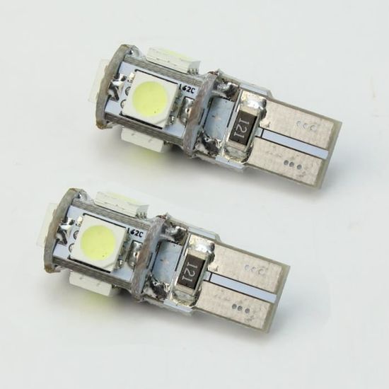 Ampoule led T10 W5W 5 SMD Canbus anti erreur ODB 12V Blanc, rouge, orange,  vert, bleu.