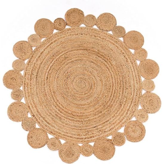 Tapis Rond En Jute Naturel Tressé Fait Main – Moderne, Antidérapant, Noir Et Beige