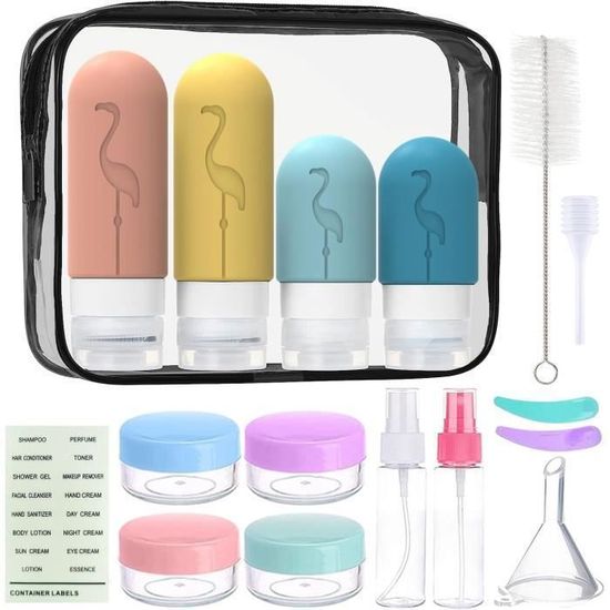 Luckynono Flacons De Voyage Silicone - Set 17 Pièces étanches Sans BPA Avec Trousse
