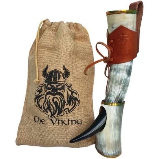 THE ANTIQUE HOUSE Tasse à Bière Viking En Corne Véritable Avec Support Cuir - 250-300ml