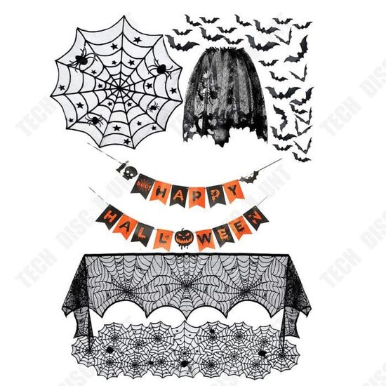 Kit Décoration Halloween 38 Pièces - Toile D'Araignée, Nappe, Assiettes, Gobelets (Citrouille)