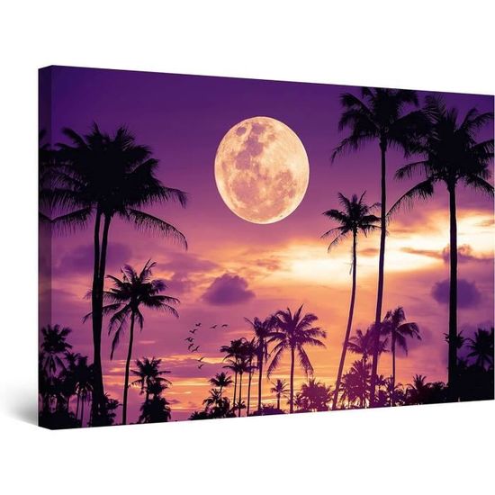 Tableau Lumineux Pleine Lune Et Arbres Sur Toile 80x120 Cm - Décoration Murale Moderne, Effet Brillant La Nuit