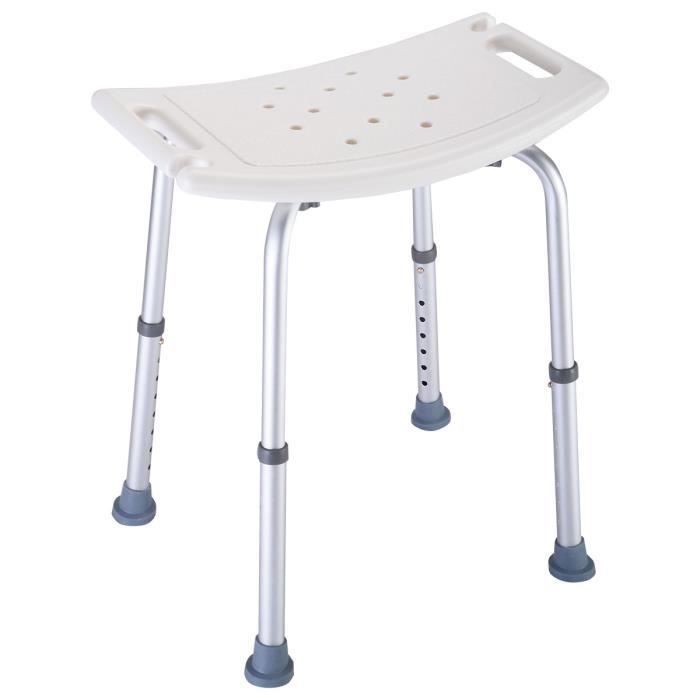 Tabouret de Bain en Aluminium Blanc Tabouret de Douche Incurvé à Hauteur Réglable 38-57CM Charge Maximale 150KG