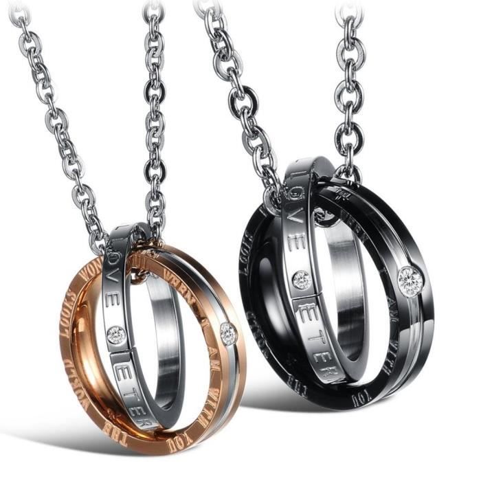 Jewow Jewellery Lot de 2 colliers En acier inoxydable Avec double anneaux qui s’emboitent Cadeaux pour couples