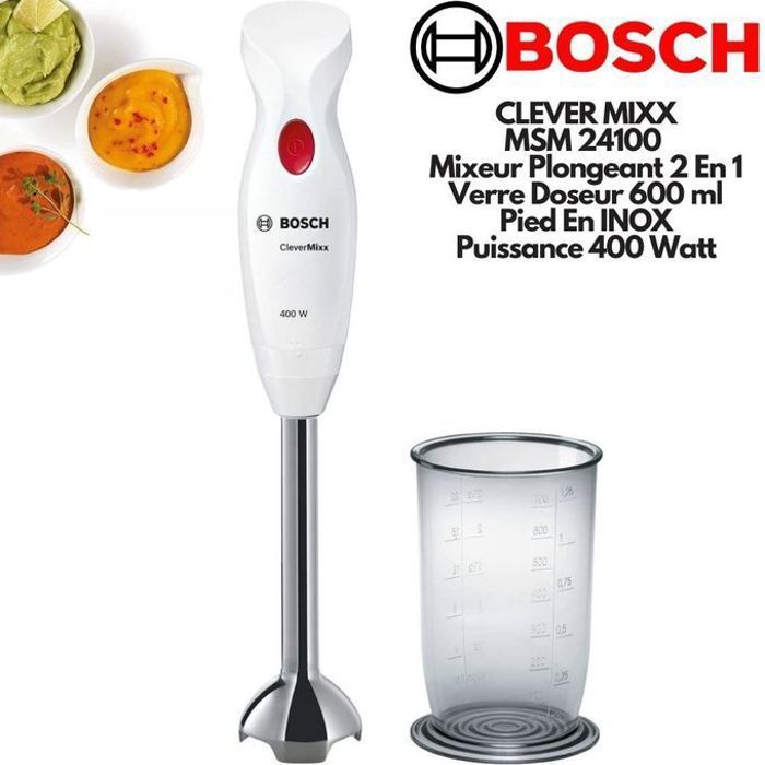 BOSCH MSM24100 - Mixeur plongeant CleverMixx - 400W - Pied détachable inox - 1 vitesse - Bol mixeur - Blanc