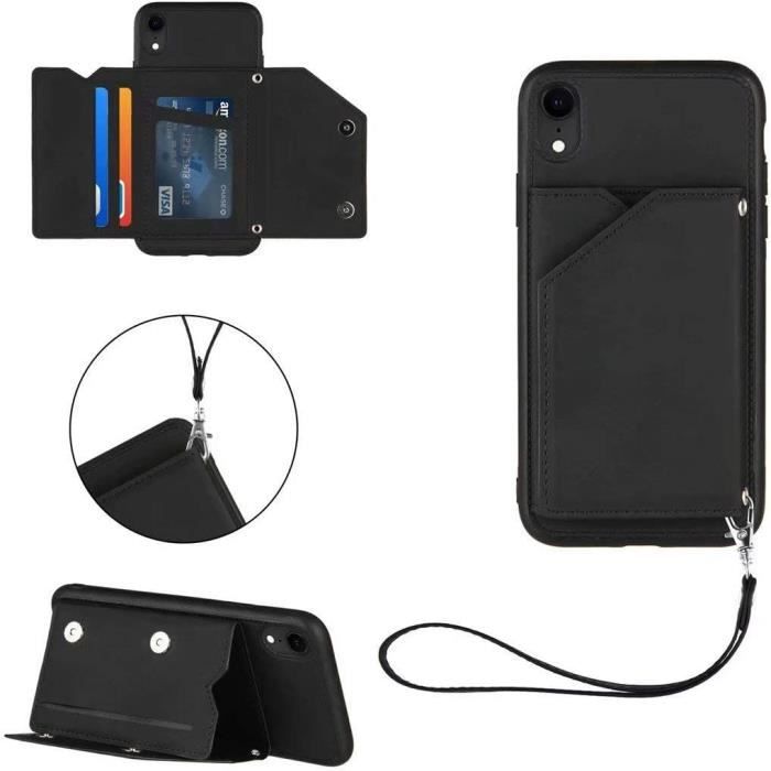 Coque iphone XR [Protecteur D'écran] avec Porte Cartes et Fonction Stand PU Cuir Wallet Flip Cover Souple Silicone AntiNoir