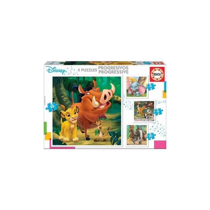 4 Puzzles Enfant : Roi Lion - Bambi - Dumbo - Livre De La Jungle - 12 - 16 - 20 - 25 Pieces - Educa Collection Disney