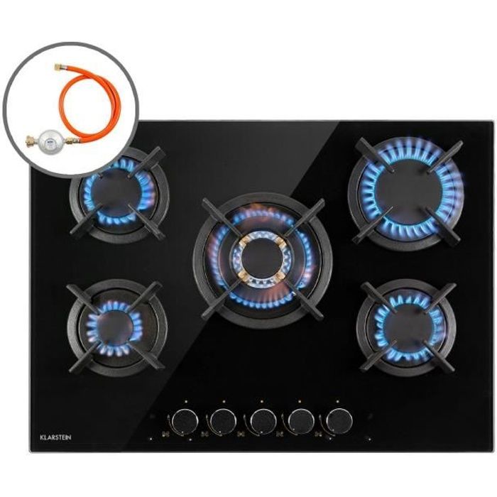Plaque gaz 5 feux encastrable - Klarstein - 70 cm - tables de cuisson vitrocéramique - plaque de cuisson gaz - cuisinière - noir