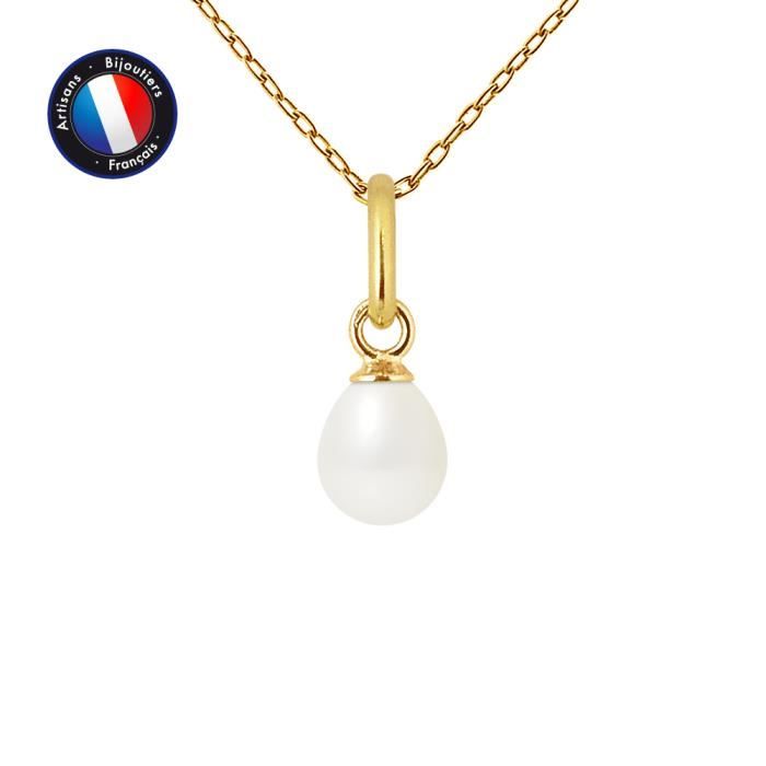 PERLINEA - Pendentif - Véritable Perle de Culture d'Eau Douce Poire 5-6 mm Blanc - Or Jaune - Chaîne Offerte - Bijoux Femme