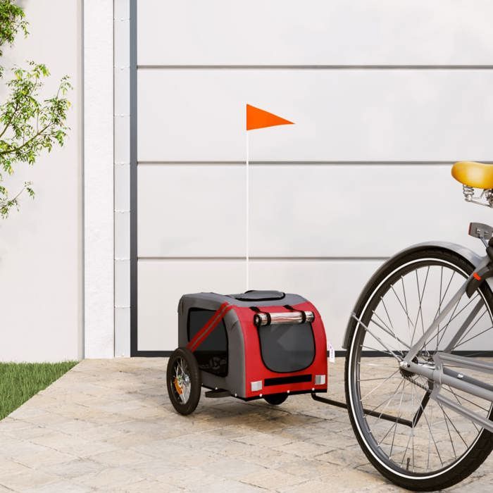 vidaXL Remorque de Vélo pour Animaux de Compagnie, Chariot à Vélo pour Chien avec Drapeau, Poussette de Chien, Rouge et Gris Tissu Oxford et Fer