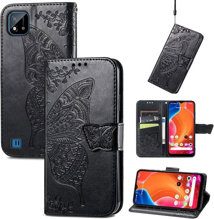 COQUE Custodia A Portafoglio Con Chiusura Magnetica Per Realme C21 – Pelle Ecologica, Slot Per Carte, Nero