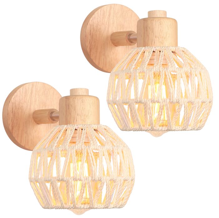 IDEGU 2pcs Applique Murale Intérieur 15cm Lampe Murale en Bois et Rotin Blanc Vintage Abat-jour forme Sphérique Luminaire Réglable