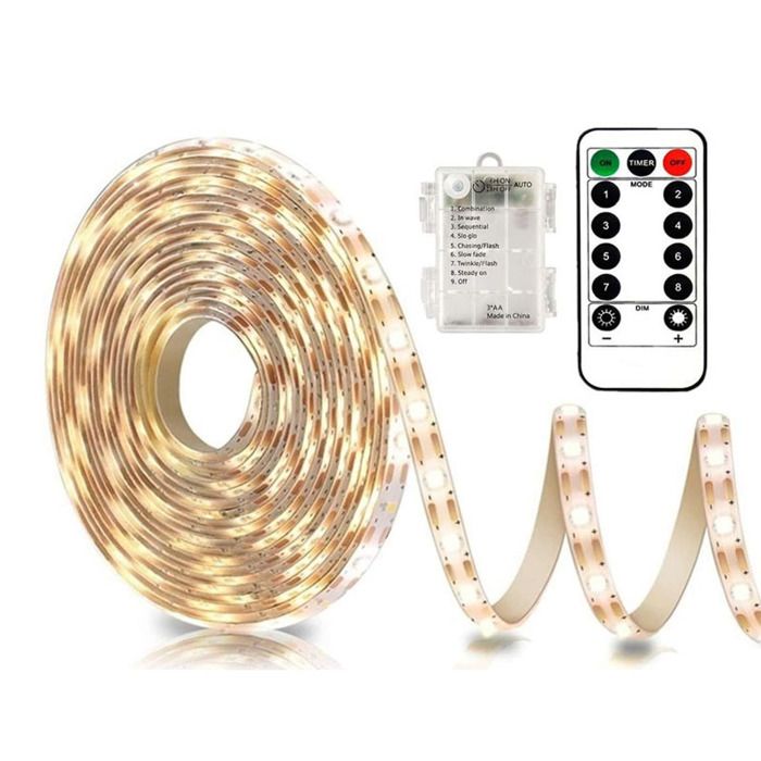 Bande lumineuse LED 3 m avec batterie et télécommande étanche 8 modes intensité variable autocollante et découpable (blanc