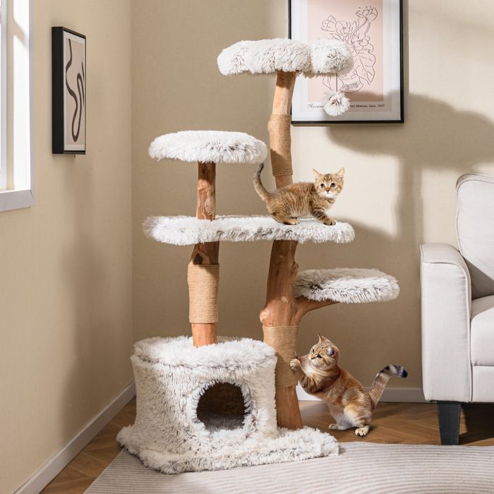 Meilleurs prix pour GOPLUS Arbre à Chats Multiniveau de 135 CM, avec Poteaux en Bois Naturel, Perchoir en Peluche, Condo, Balle Suspendue