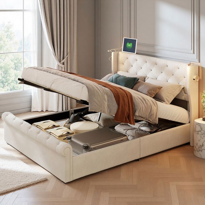 Lit double 140x190 cm - Velours beige - Coffre hydraulique - LED + USB - Sommier lattes