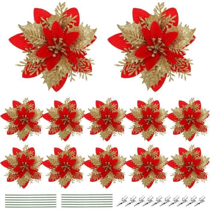 Fleurs Artificielles - Non spécifié - 12 Pièces - Or et Rouge - Décoration de Noël - Poinsettia Scintillant Or Rouge