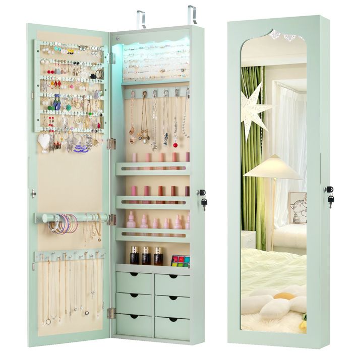 Armoire à Bijoux Murale - RELAX4LIFE - 5 Lumières Automatiques - 6 Tiroirs pour Boucles dOreilles Colliers Cosmétiques - Vert