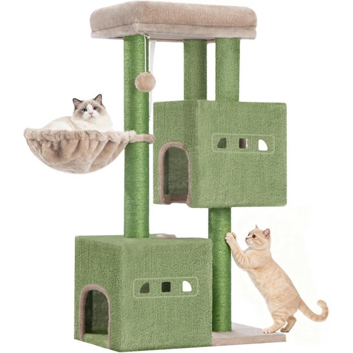 Meilleurs prix pour Arbre à ChatTour de Jeux 98 cm Meubles de Maison pour Chats avec 2 Niches Grande Plate-Forme Sisal Griffoir Hamac Vert Brun
