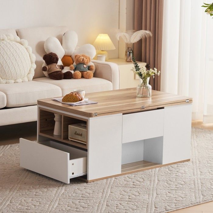 Table basse relevable blanc et bois - 2 tables extensibles grande capacité multifonction salon moderne 100x51x47cm Table basse relevable blanc et bois - 2 tables extensibles grande capacité multifonction salon moderne 100x51x47cm