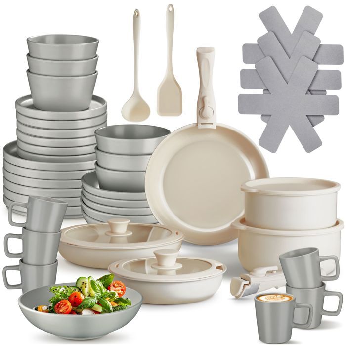 Batterie de cuisine - TECTAKE - Set de cuisine en aluminium inoxydable et grès émaillé pour 6 personnes 46 pièces - Gris/Blanc