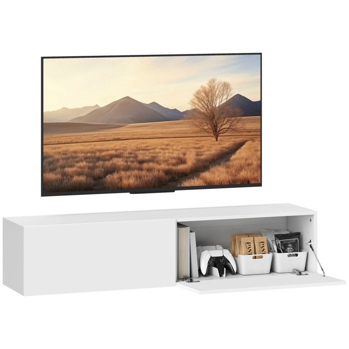 Meuble TV suspendu - HOMCOM - pour téléviseur jusquà 45 55 65 pouces - 2 placards à portes - 140 x 33 x 298 cm - blanc