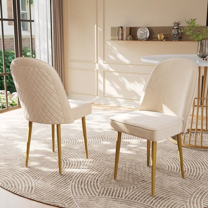 Siège pour salle à manger - Lot 2 chaises velours beige - Pieds métal doré - Dossier ergonomique - Mousse haute densité