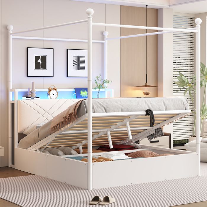 Lit double multifonction - Baldaquin amovible - Rangement sous le lit - LED intégrées - Ports USB/Type-C
