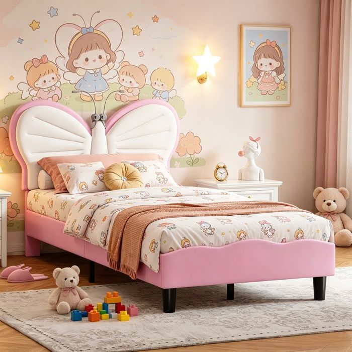 Lit enfant 90x200 cmlit rembourréLED réglablestête papillon réglablelit princesselit adolescentsommier lattesPUrose