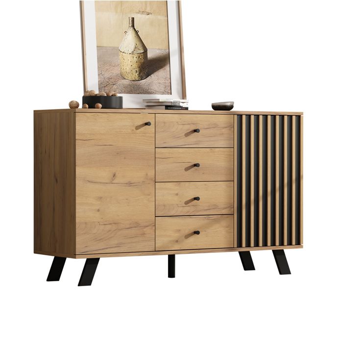 Commode salon 120cm large 4 tiroirs 2 armoires structure creuse 5 pieds bois massif polyvalent