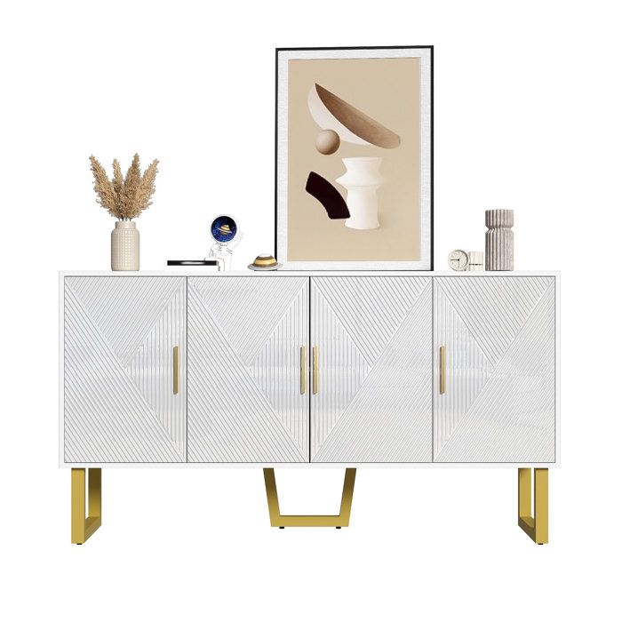 150cm moderne et luxueuse enfilade blanche avec portes texturées brillantes et poignées dorées 4 portes
