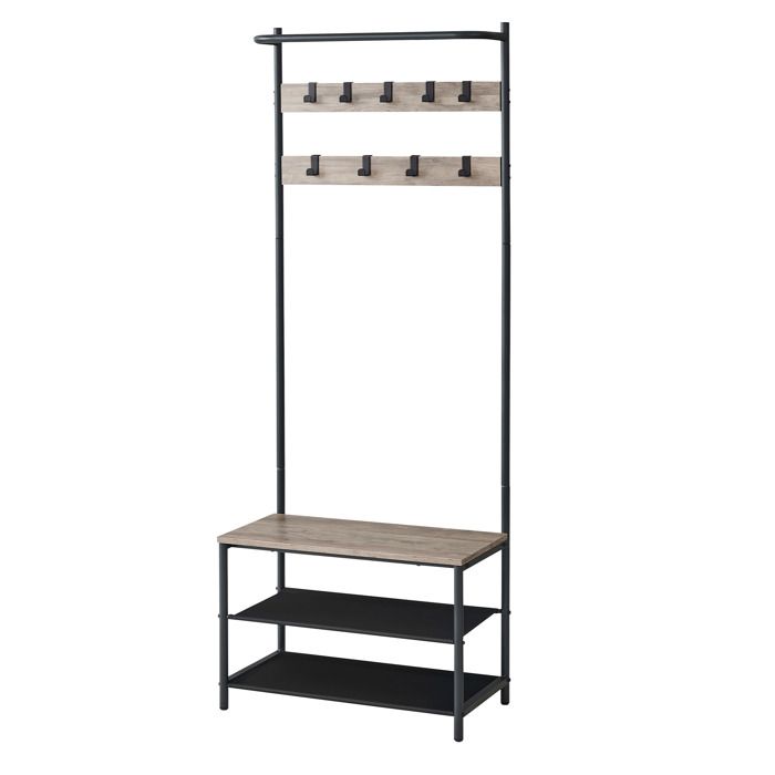 Porte-Manteau avec Banc et Rangement à Chaussures Banc dEntrée 9 Crochets Mobiles Style Industriel Grège et Noir