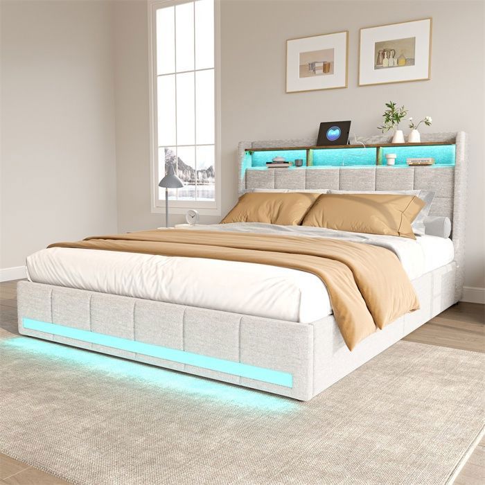 Lit double 180x200 cm - Lit adulte 180x200 cm avec 4 tiroirs& tête de lit de rangement et éclairage LED - Sans matelas - Beige