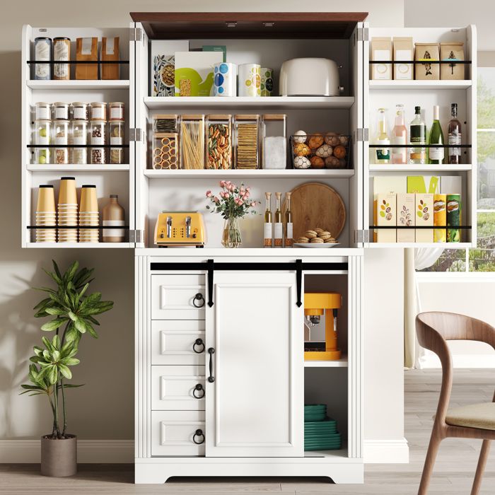 Buffet haute de cuisine 80x398x180 cm meuble de rangement avec 4 tiroirs et étagères réglablessystème anti-basculementMDF blanc