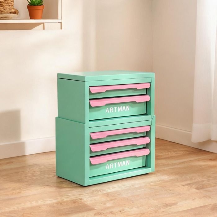 Meuble de rangement à tiroirs en acier vert et rose pour maquillage ou salle de bain 5 tiroirs empilables
