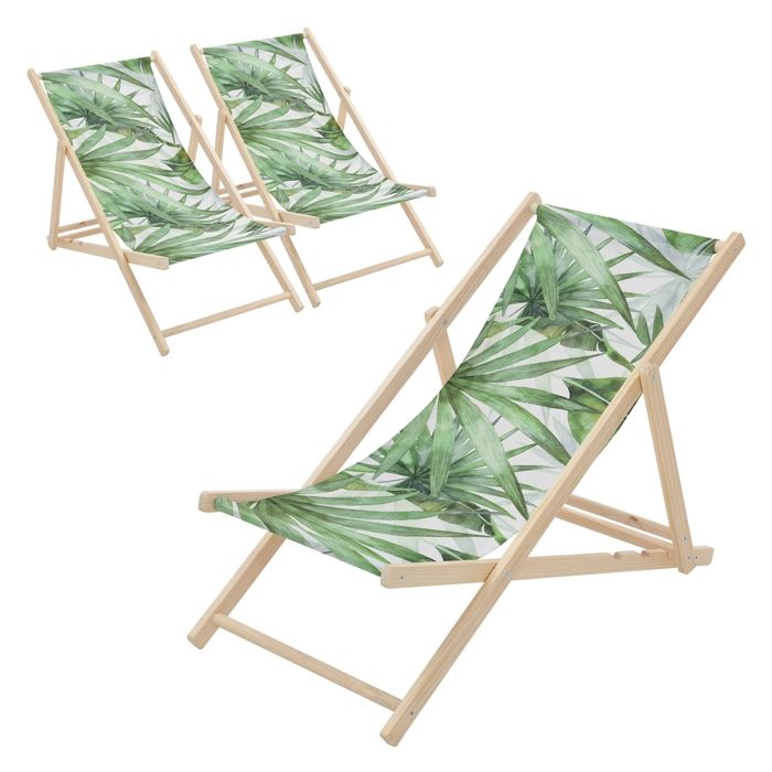 Lot de 3 chiliennes - ECD Germany - Motif palmier - Bois - Pliables 3 positions - 120 kg max Lot de 3 chiliennes - ECD Germany - Motif palmier - Bois - Pliables 3 positions - 120 kg max