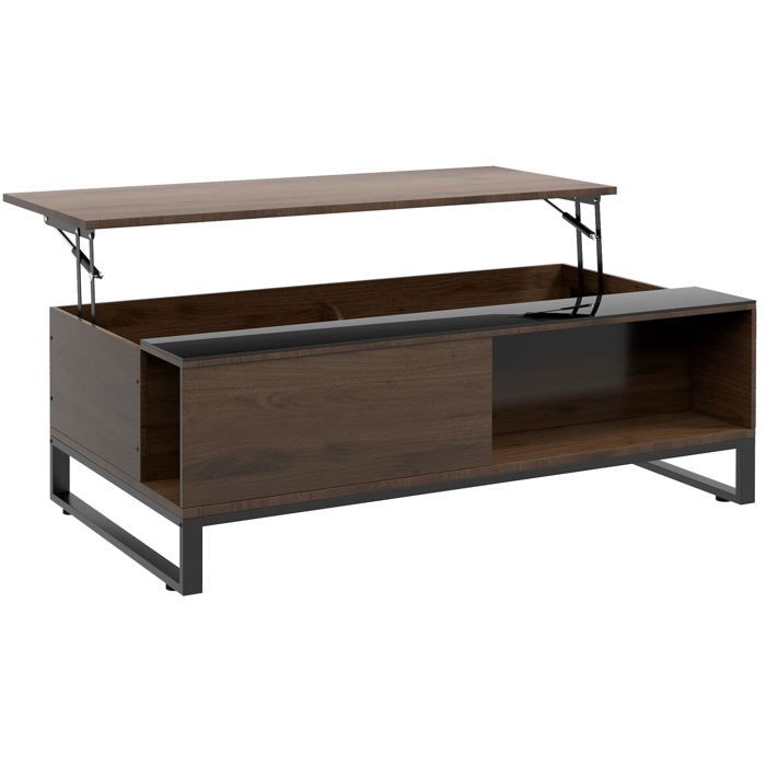 Table basse relevable EVRYAE 102 x 58 x 355 cm avec rangements salon métal verre noyer et noir