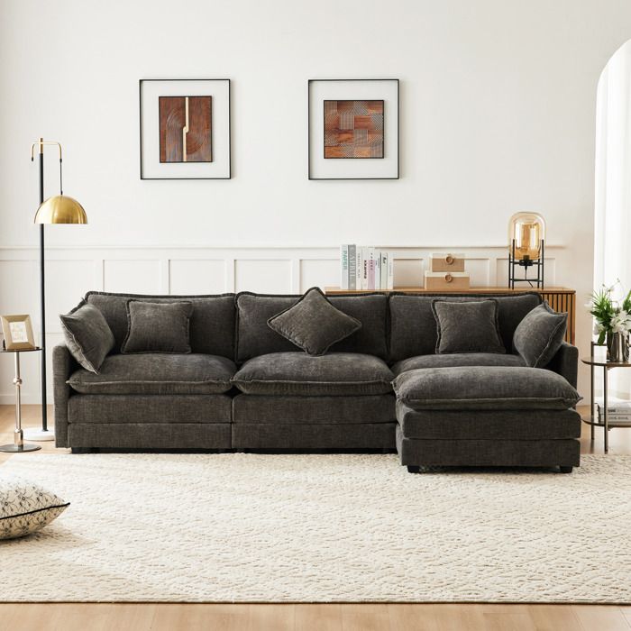 WOVREO Canapé d’angle modulable 3 places en chenille gris foncé avec pouf mobile et coussins inclus