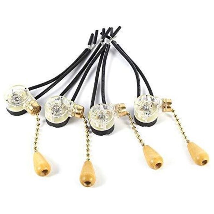 Interrupteur à tirette - HAWUJ - Lot de 4 - Boîtier transparent - Poignée bois vintage - Compatible lampes et ventilateurs